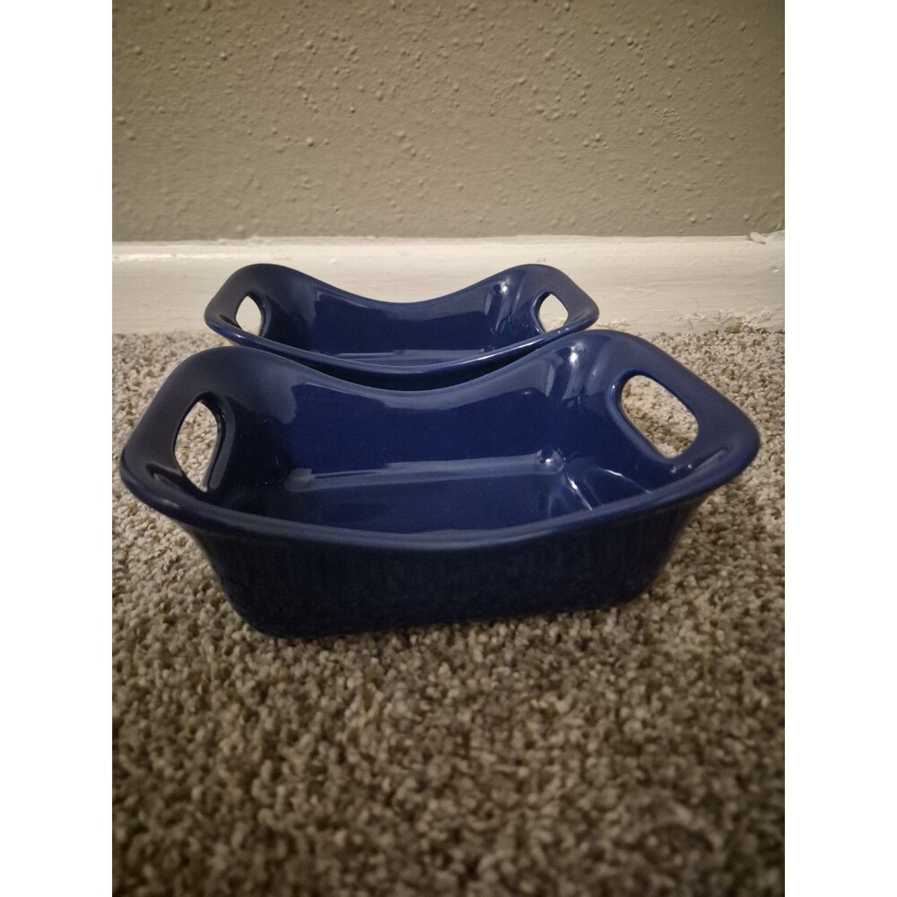 Rachel Ray Blue Casserole Dish Double Handle Small 12 Oz Dip Stoneware Lot Of 2